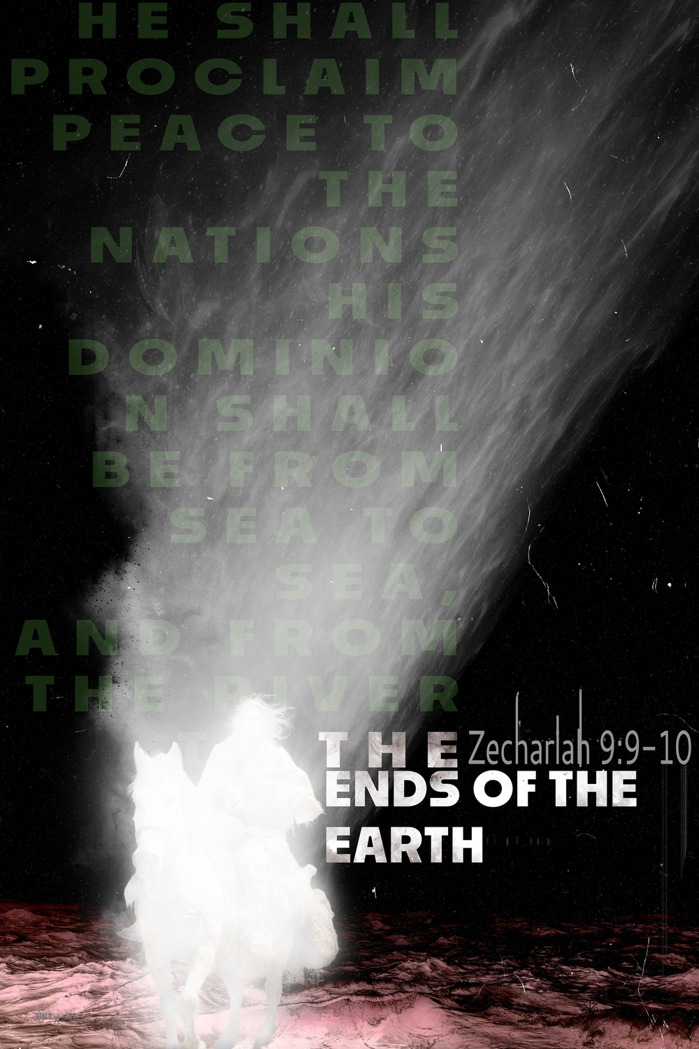 A design inspired by Zechariah 9:9-10, illustrating the humble and victorious Messiah, the joy of salvation, and the promise of God’s kingdom bringing peace and renewal to all nations.