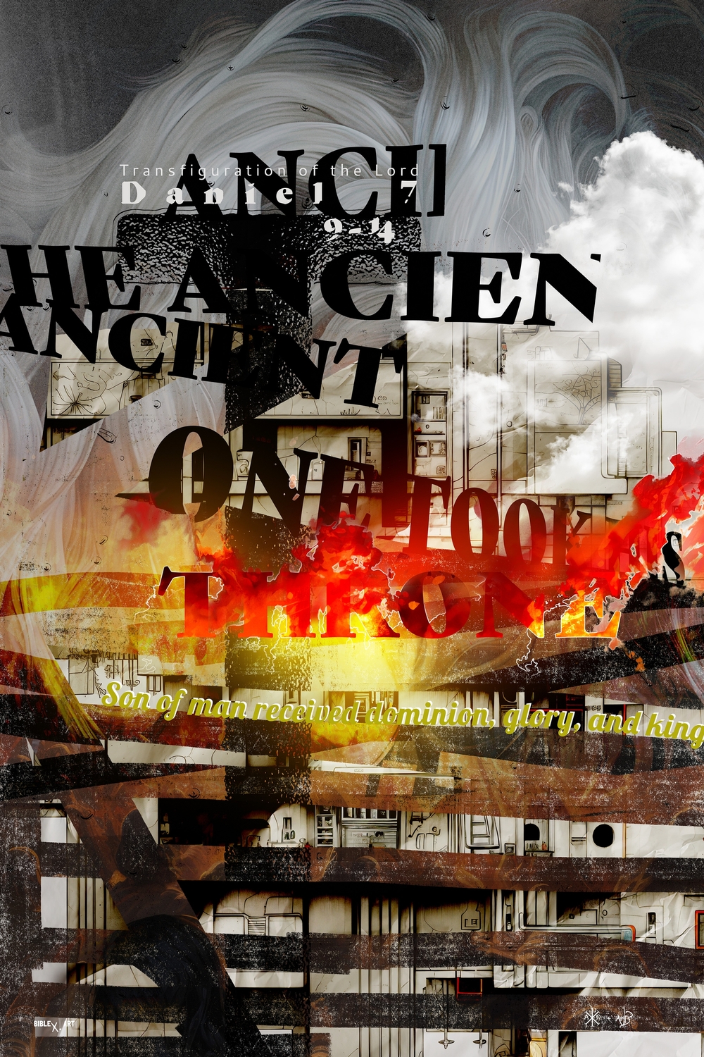 A design inspired by Daniel 7:9-14, illustrating the Ancient of Days on His fiery throne, the Son of Man receiving divine authority, and the establishment of God’s eternal and sovereign kingdom.