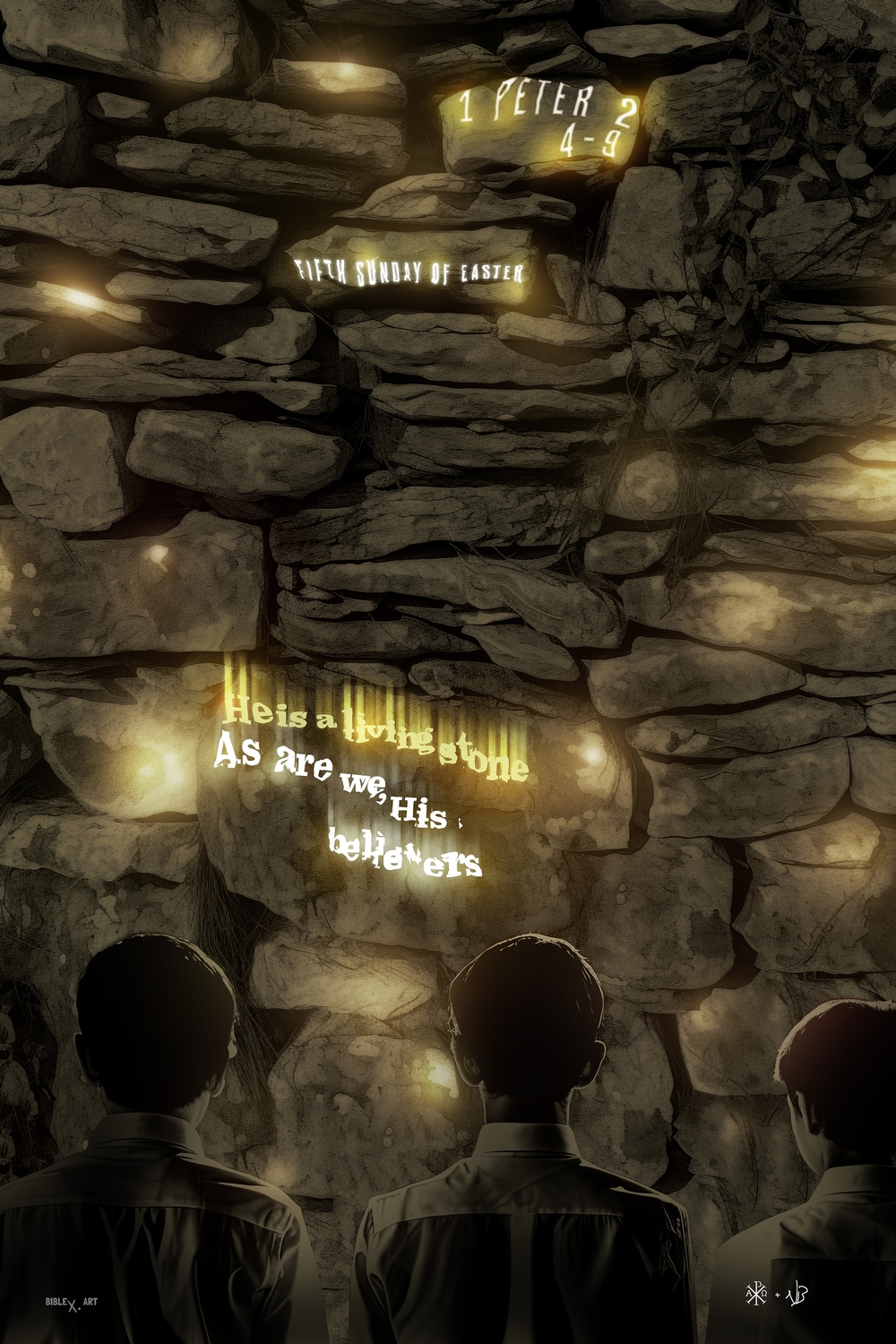 A design inspired by 1 Peter 2:4-9, illustrating the believer’s identity as God’s chosen people, built into a spiritual house with Christ as the living stone, called to proclaim His mercy and light.