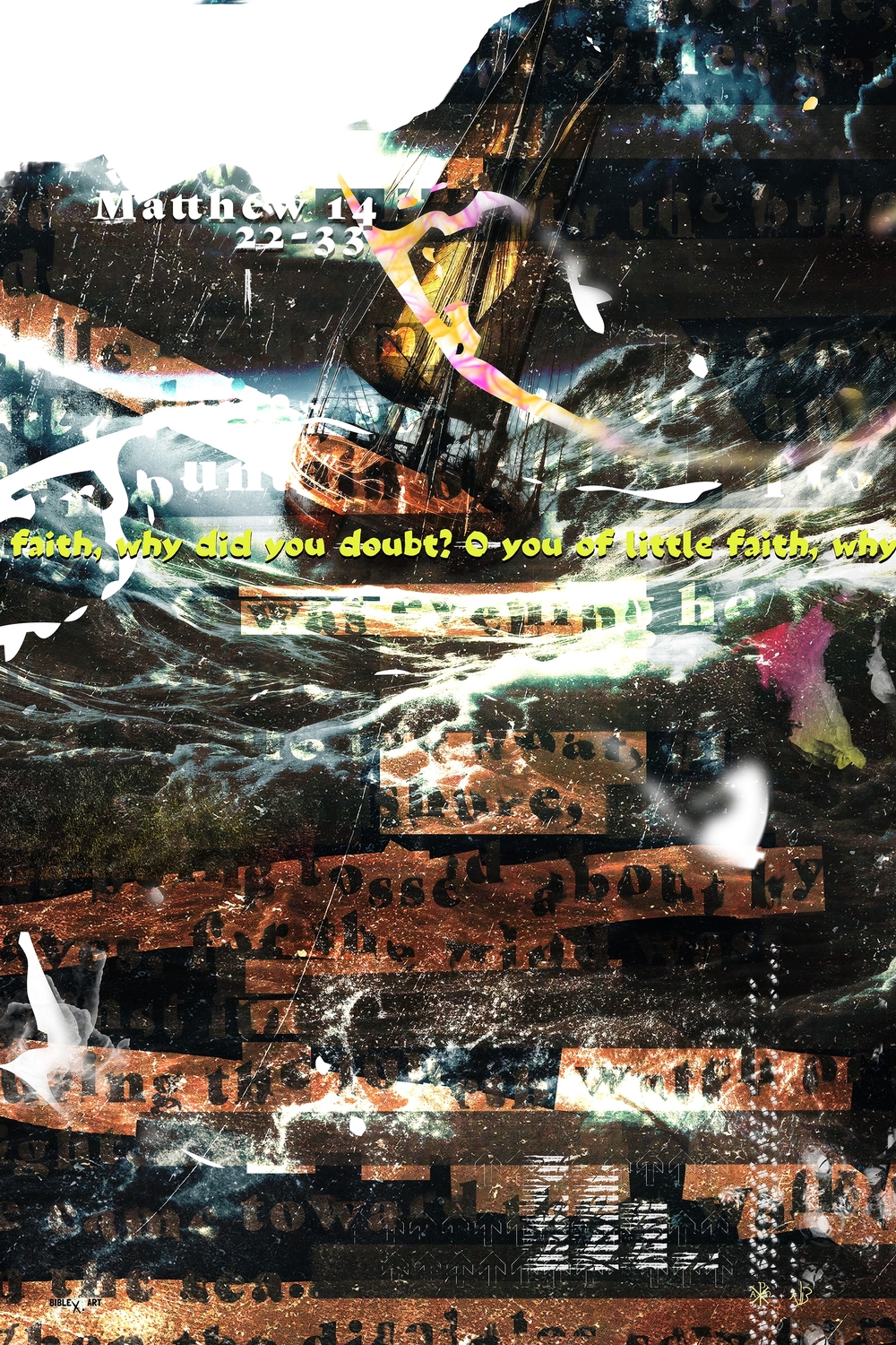 A design inspired by Matthew 14:22-33, illustrating Jesus walking on water, Peter’s test of faith, and the call to trust in Christ’s power and presence even in life’s storms.