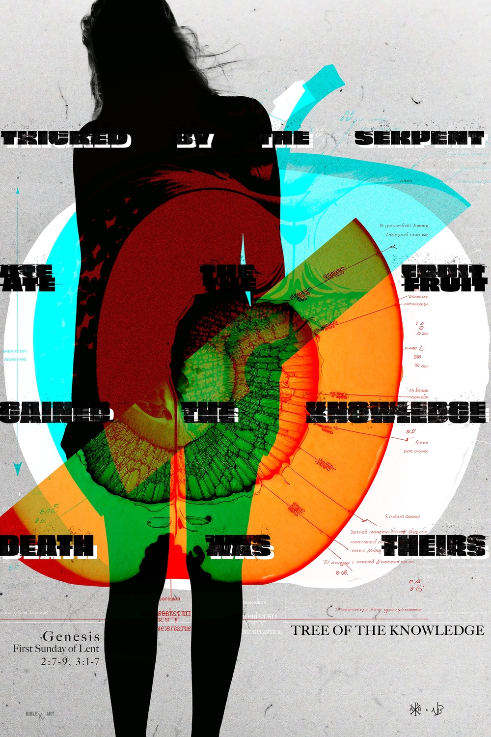 A reflective design based on Genesis 2:7-9, 3:1-7, illustrating the pivotal moment of humanity's fall through the act of eating the forbidden fruit.